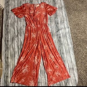 Farm Rio anthropologie floral pantalone dress orange coral size M petite overall